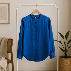 Worthington Satin Teal Blue Button-Up Blouse Women’s Large Long Sleeve